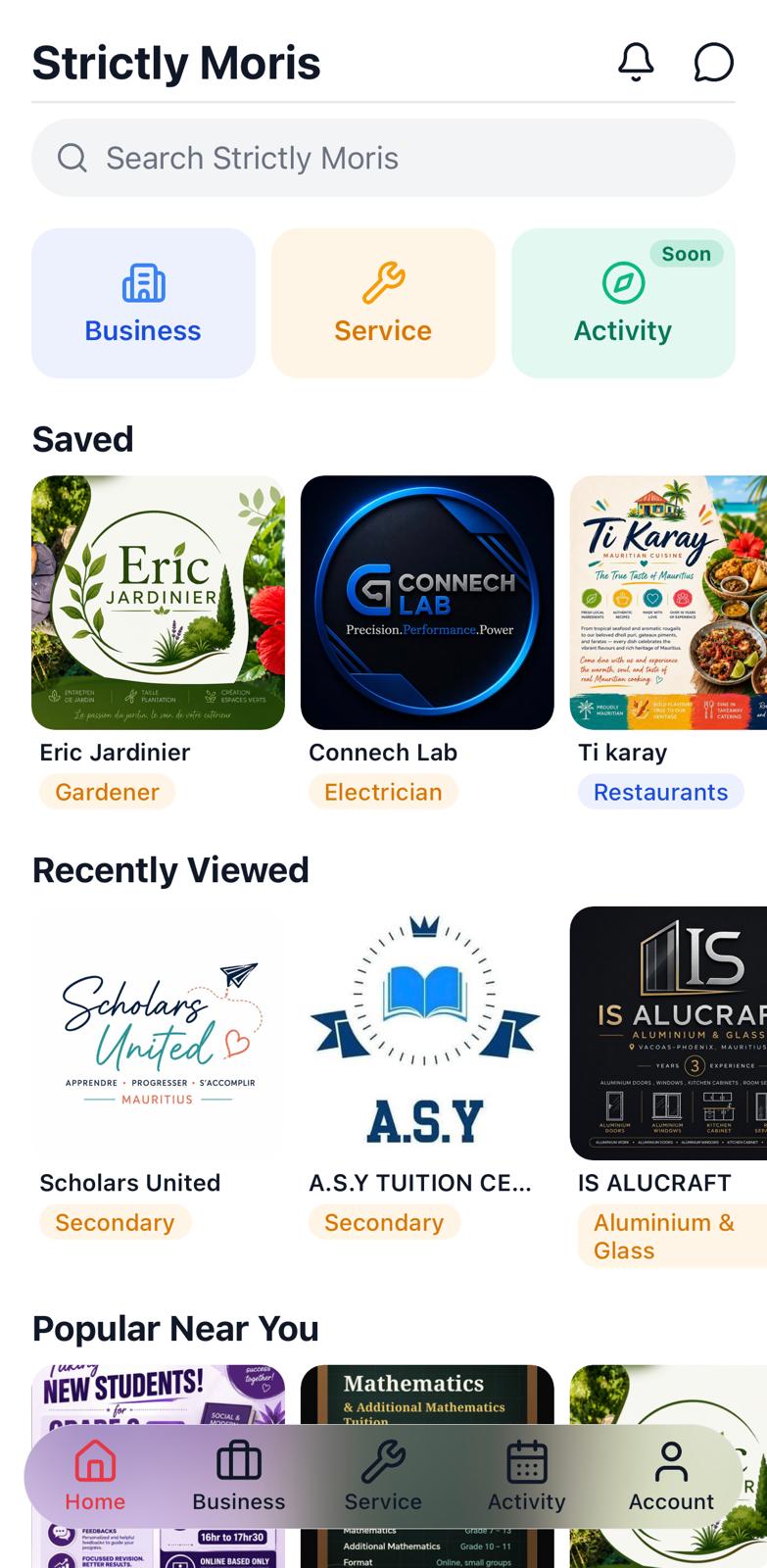 The Strictly Moris home screen: search, the three listing types, saved listings, and what is popular nearby
